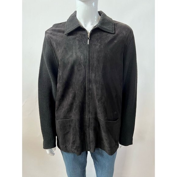 Jhane Barnes Mens Sweater Coat Black Pockets Collared Front Zipper Leather 42 - Picture 1 of 12